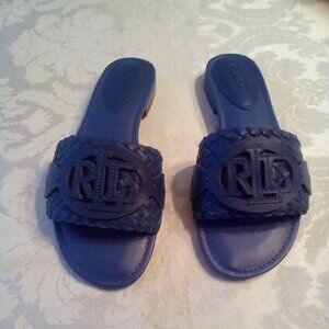 Lauren Ralph Lauren Alegra Leather Slides Navy Oversize Cutout LRL Logo Size Lar